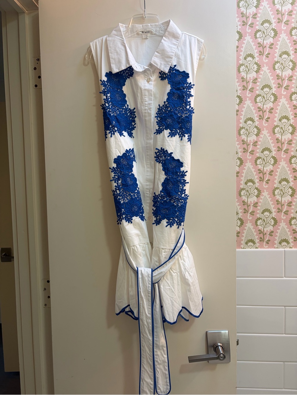 White Sleeveless Shirt Dress with Royal Blue Lace Appliqué